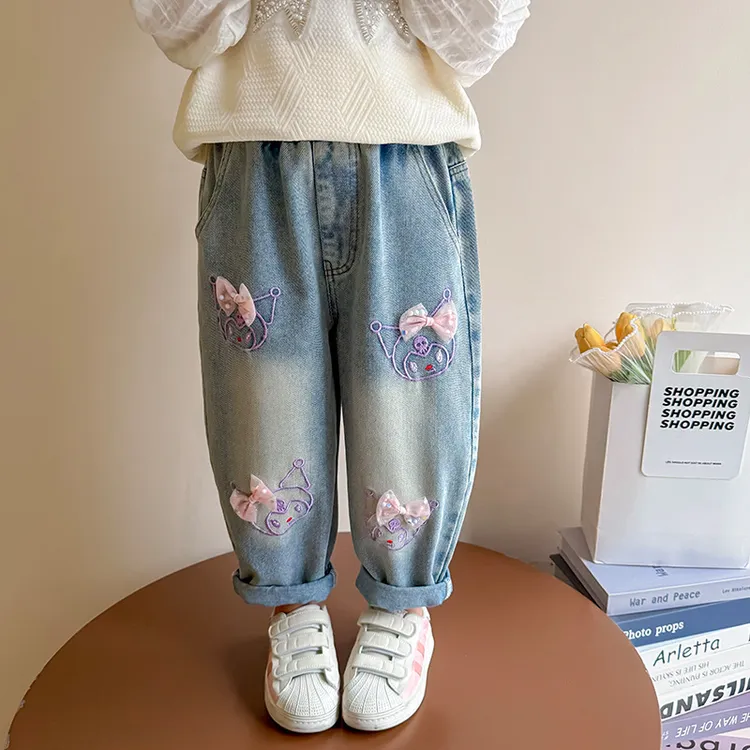 库洛米女童牛仔裤2025新款春秋装洋气宝宝休闲老爹长裤聚酯纤维柔