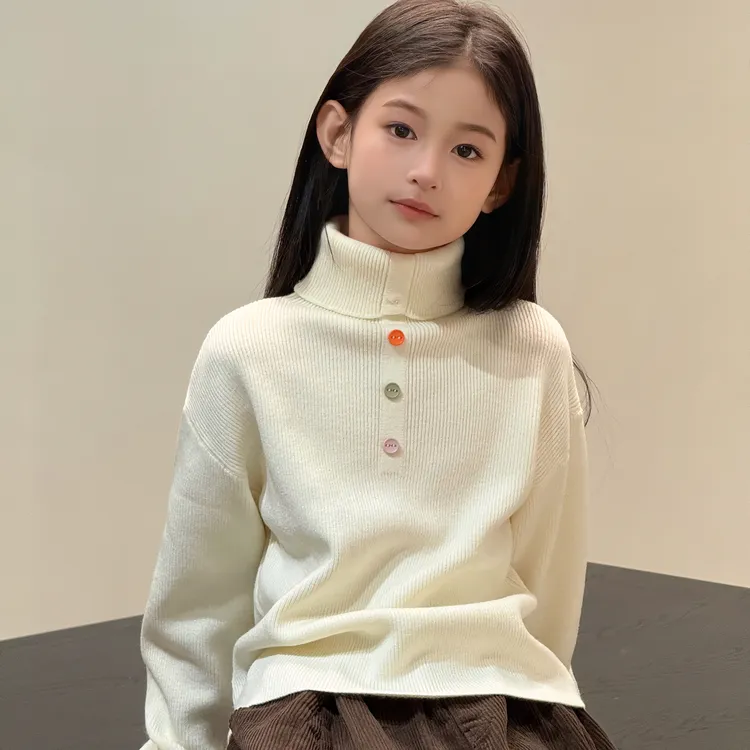 女童秋冬爆款高领针织打底衫中小童韩版洋气百搭彩扣打底毛衣上衣