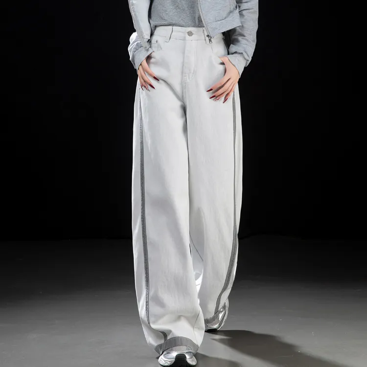 灰白色阔腿牛仔裤女2026春季新款侧条纹直筒裤女宽松显瘦拖地长裤