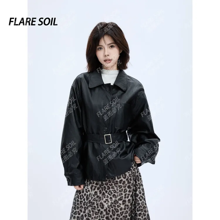 【FLARE SOIL】（现货）秋季皮带绑腰设计街头感皮衣短外套 T4492A