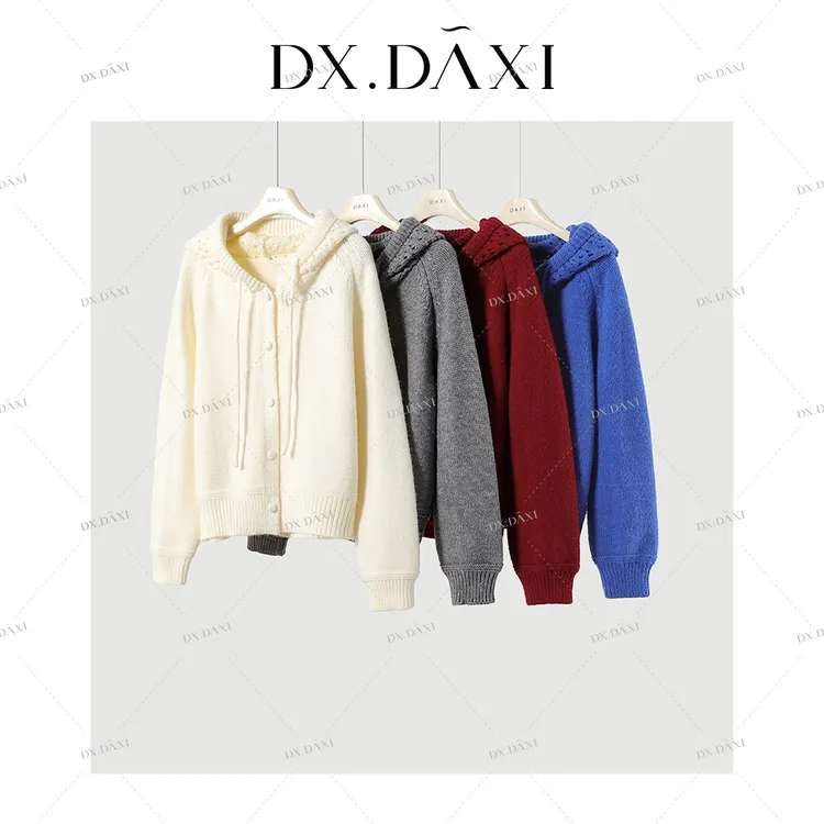 DX.DAXI【里约书店】新款秋季连帽针织外套女单排扣上衣休闲百搭