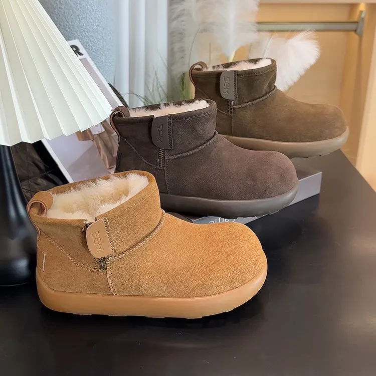小土豆厚底磨砂皮加绒雪地靴女2025新款保暖套筒毛毛鞋防滑短靴