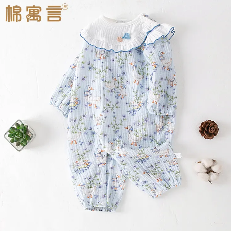 纯棉纱布超萌连体衣宝宝春夏季薄款家居服可爱甜美飞肩袖婴儿哈衣