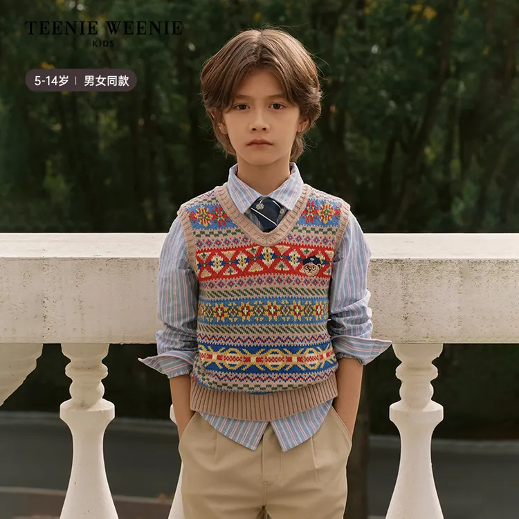 【达人专属】TeenieWeenie Kids小熊男女童学院风费尔岛背心毛衣TKKN255179N