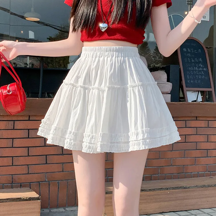 2025春夏新款白色短裙洋气纯色下摆褶皱公主休闲半身裙芭蕾蓬蓬裙