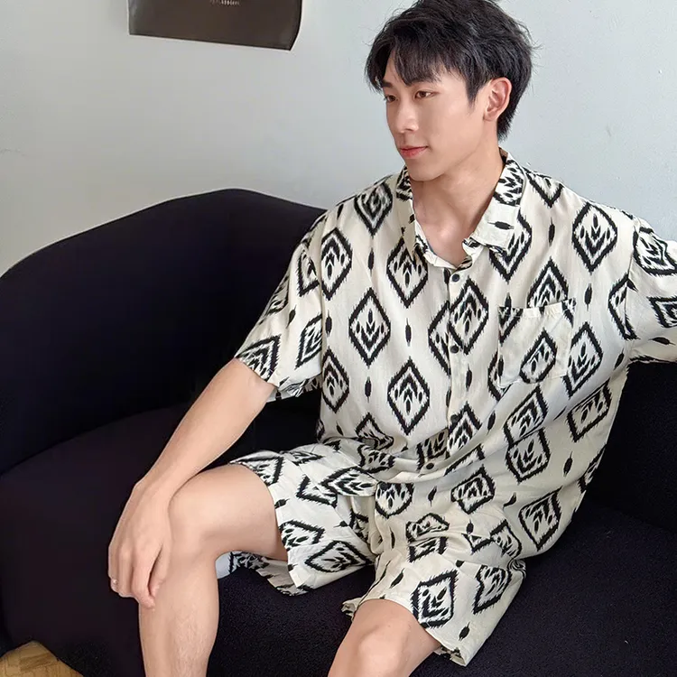 夏季男棉绸睡衣薄款短袖绵绸套装新款大码可外穿家居服