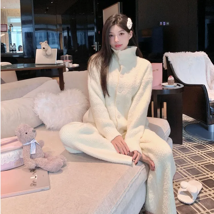 睡衣女冬季半边绒加厚软绵绵针织立领长袖套装高龄保暖加绒家居服