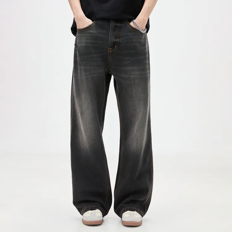 Cebrodz夏季新款休闲纯色牛仔裤男时尚潮牌高街水洗宽松直筒裤子 