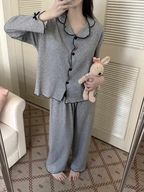 韩系简约慵懒睡衣女秋冬季保暖双面磨毛长袖休闲家居服套装可外穿