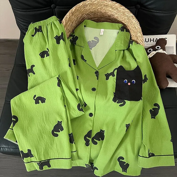 可爱小黑猫长袖睡衣女秋季可外穿薄款家居服套装