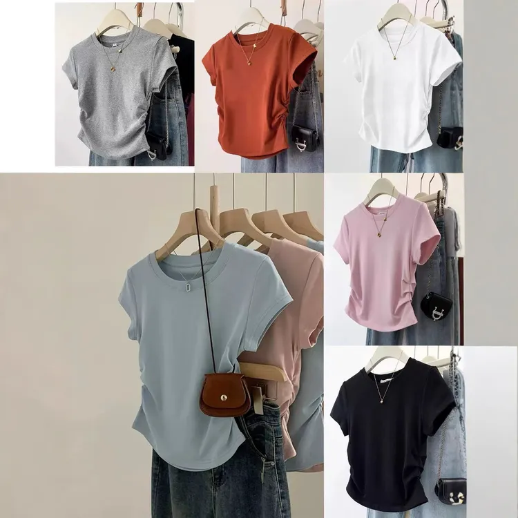 圆领肩正短袖t恤女2025夏新款设计显瘦套头修身百搭短款打底上衣