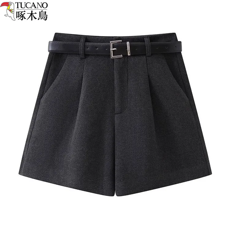 啄木鸟毛呢短裤女款秋冬2025新款小个子显瘦高腰显瘦a字阔腿裤