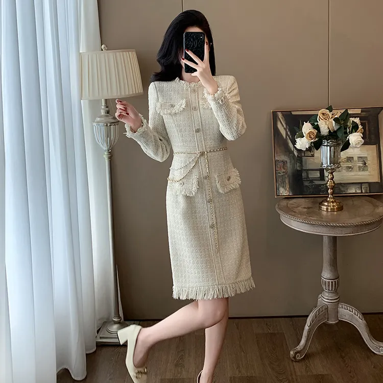 秋季韩剧女主风千金名媛气质裙子小众设计简约流苏小香风连衣裙女