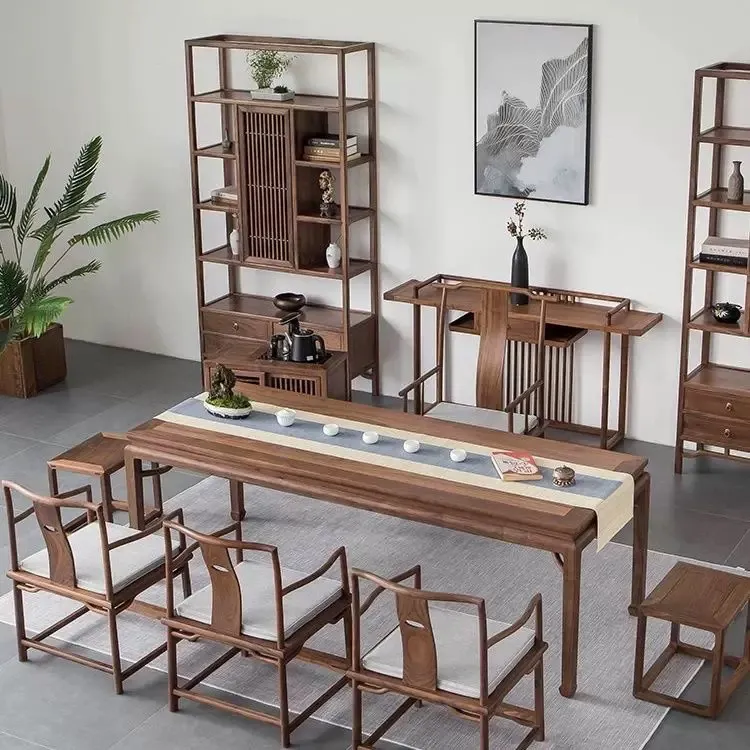 老榆木木茶桌椅组合高档茶室胡桃色实木新中式茶台桌茶台桌新中式