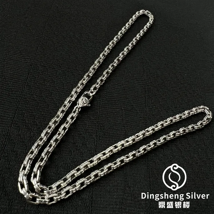 链子925银 雄狮方扣欧美十字项链重工时尚百搭可素戴搭吊坠男复古