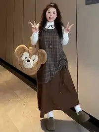 【莹莹推荐】叠穿套装打底衫格纹背带裙两件套减龄早秋穿搭一整套