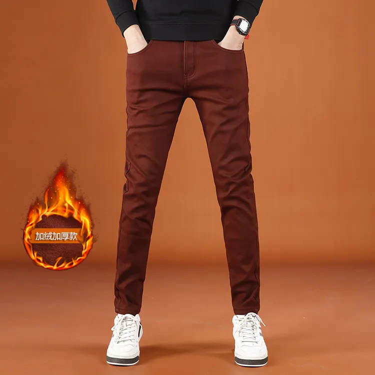 冬季加绒加厚款高级感牛仔裤男弹力修身小脚裤时尚百搭男士长裤子