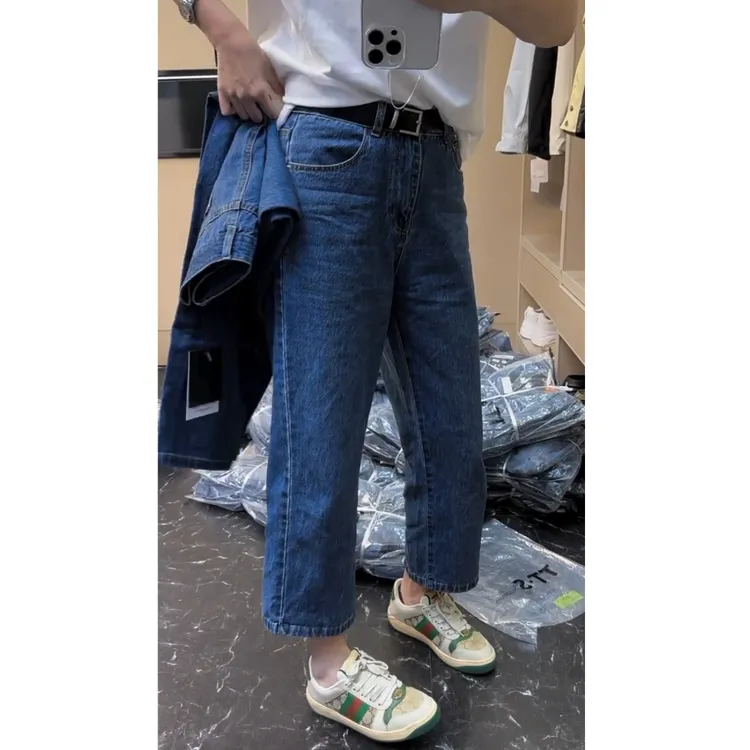 春季新款牛仔裤阔腿高腰显瘦百搭时尚小个子深蓝牛仔九分裤