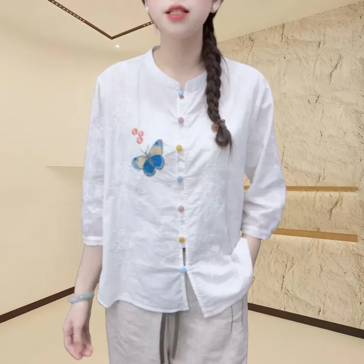 新中式国风 立领重工提花蝴蝶花刺绣宽松百搭七分袖衬衫女