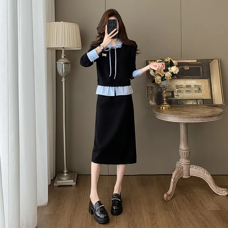 减龄学院风假两件卫衣半身套装裙2025秋季黑色时尚休闲运动两件套