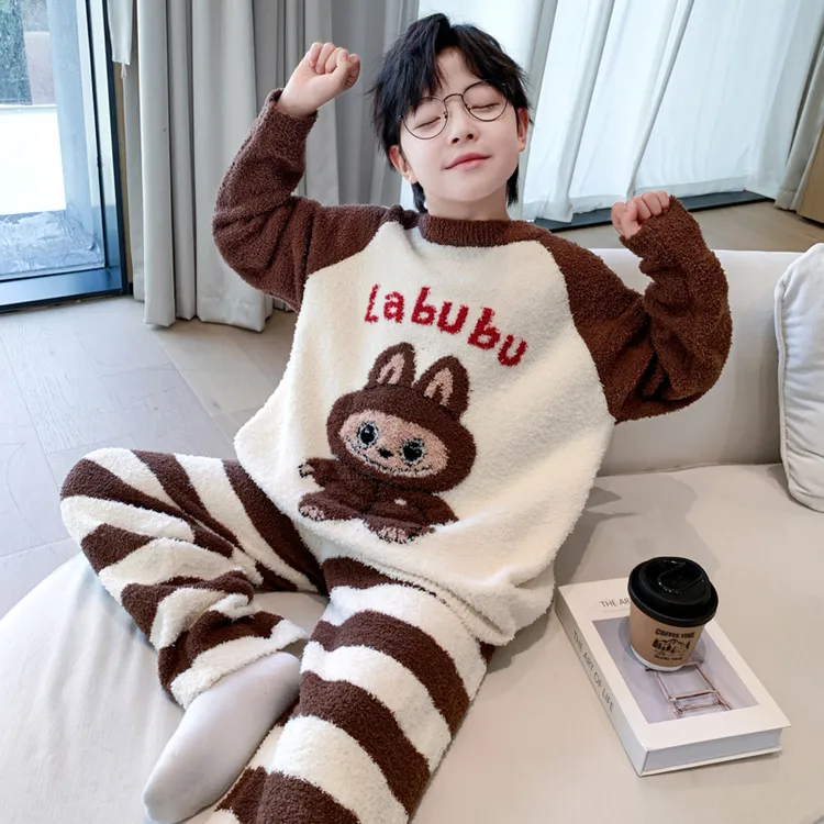 男童冬季连帽半边绒家居服2025新款儿童渐变法兰绒睡衣套装宽松暖