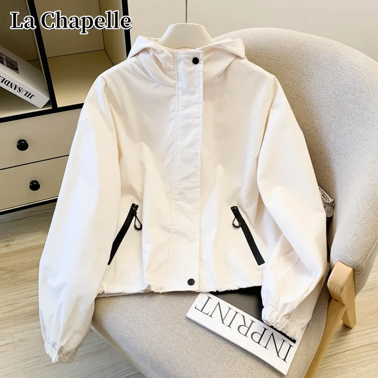 拉夏贝尔小个子连帽抽绳冲锋衣短外套女秋冬新款宽松工装夹克上衣