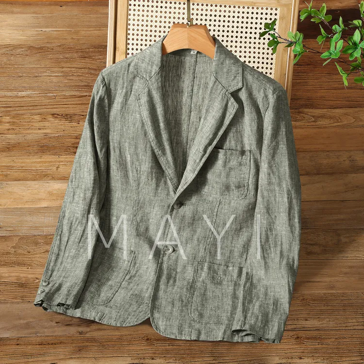 进口色织布纯亚麻西服西装开衫LP老钱风100%全麻料单西便服外套男