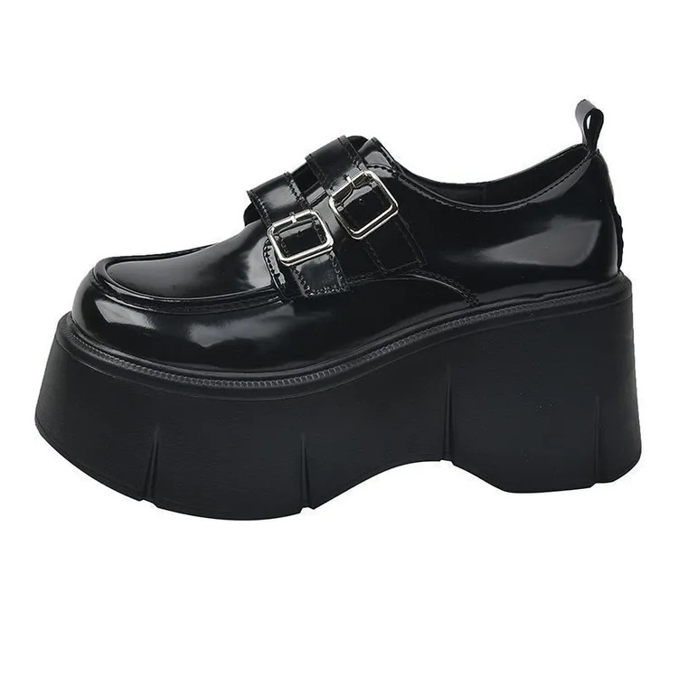 小香风【奥莱撤柜】黑色小皮鞋女2025复古英伦风金属扣厚底增高鞋子