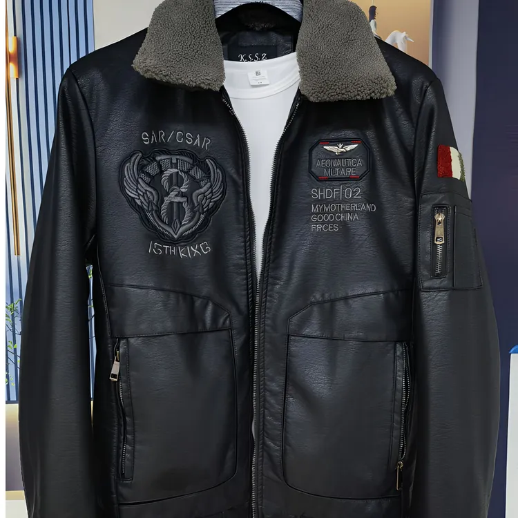 【秋冬新款】休闲风加棉男士重工刺绣翻毛领皮夹克外套