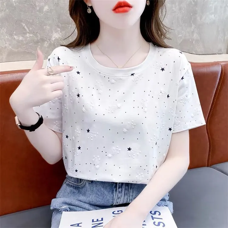 2024新款夏装短袖t恤女宽松印花设计感百搭遮肚子白色体恤上衣潮