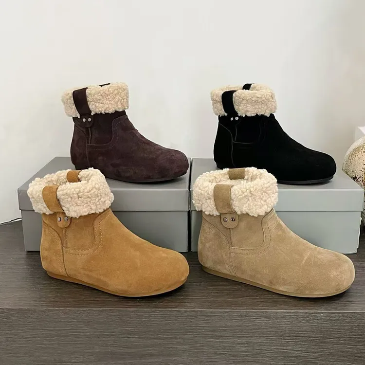 2025冬季新款大头毛毛雪地靴磨砂真皮加绒保暖复古短筒勃肯棉靴 