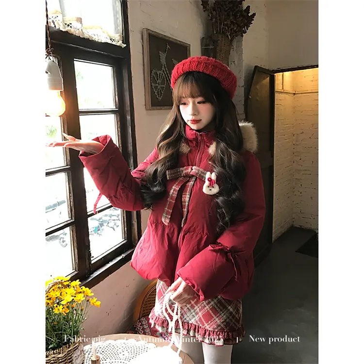 黄油软糖 织物猪原创 甜美风时尚秋冬女红色夹棉百搭外套短裙长裤