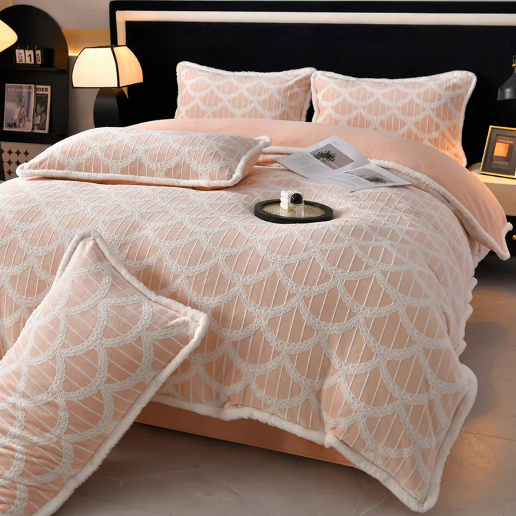 轻奢加厚牛奶绒四件套绒床单双面立体雕花保暖被套印花床上四件套