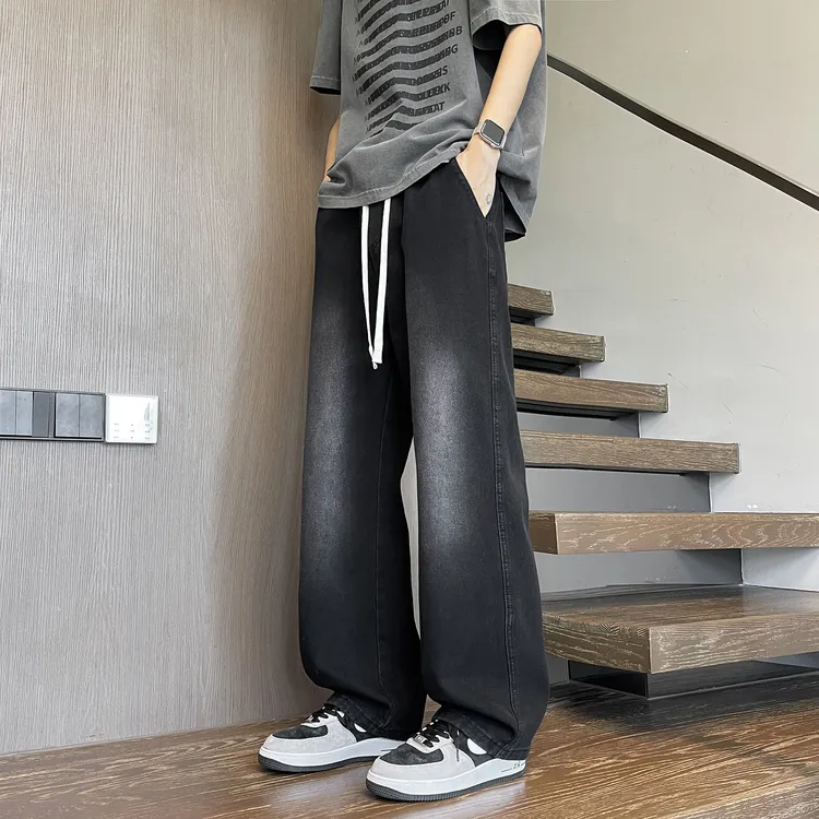 早秋新款港风牛仔裤男宽松美式爆款直筒裤松紧裤系带显瘦高腰