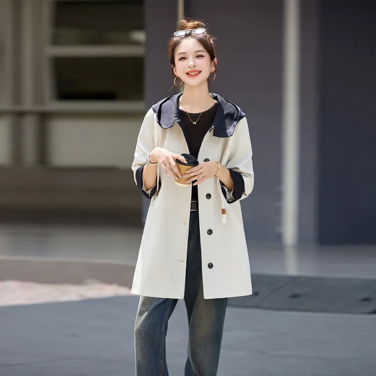 撞色连帽风衣外套女中长款2025春秋新款气质百搭宽松休闲工装上衣