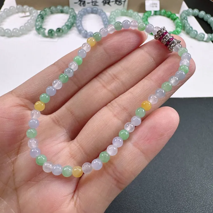 天然A货缅甸翡翠手串卡4mm老坑冰种多宝马卡龙小米珠圆珠女士手串