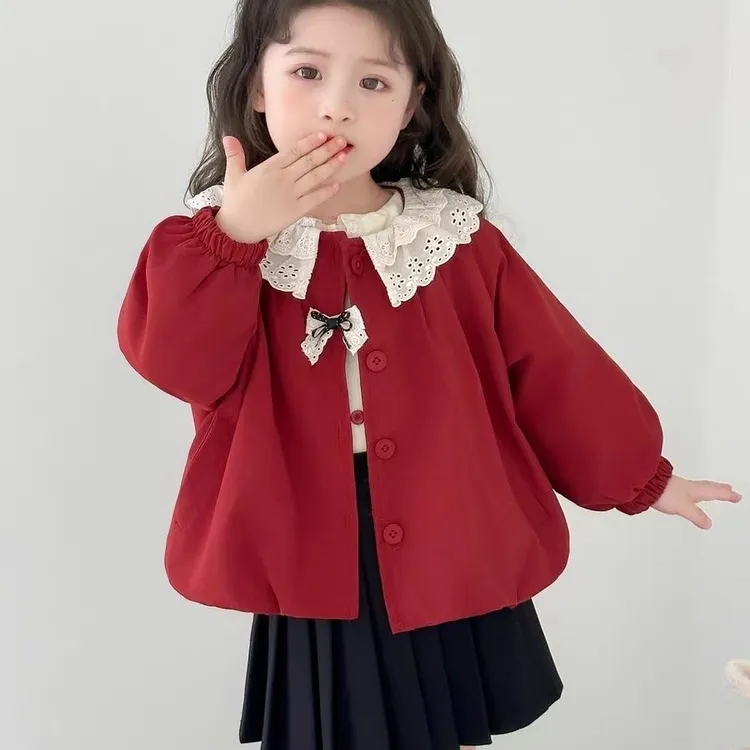 小香风儿童外套风衣纯色花边领韩版娃娃领宝宝女童春秋洋气小童款