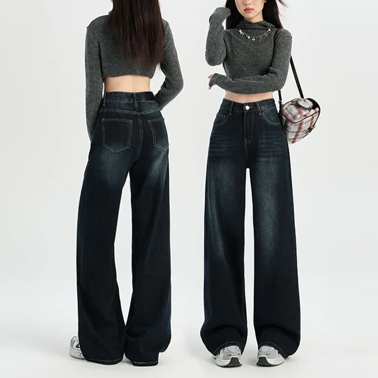 美式复古高腰阔腿牛仔裤女2025秋冬新款加绒小个子宽松显瘦直筒裤