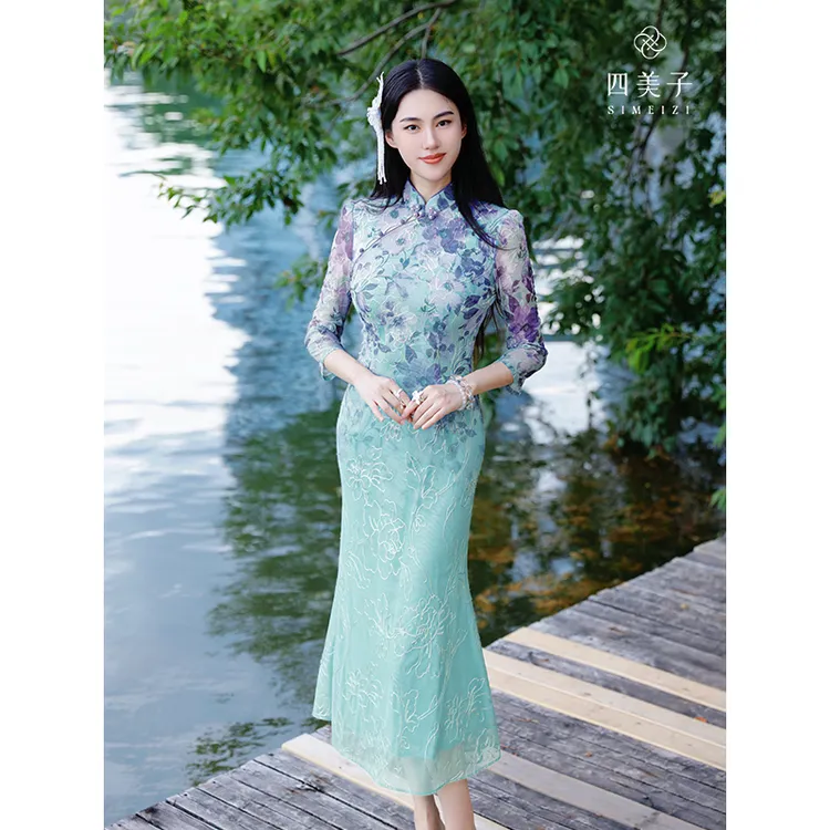 四美子【紫罗兰】新款新中式弹力气质优雅绳绣花印花旗袍裙连衣裙
