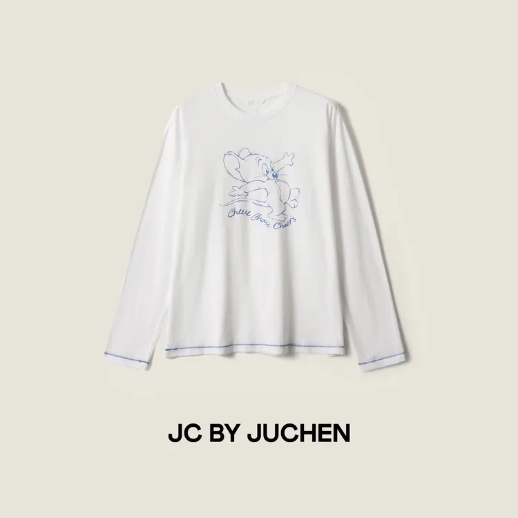 Jerry可爱小鼠美式经典动漫趣味印花宽松棉质圆领长袖T恤FW085072