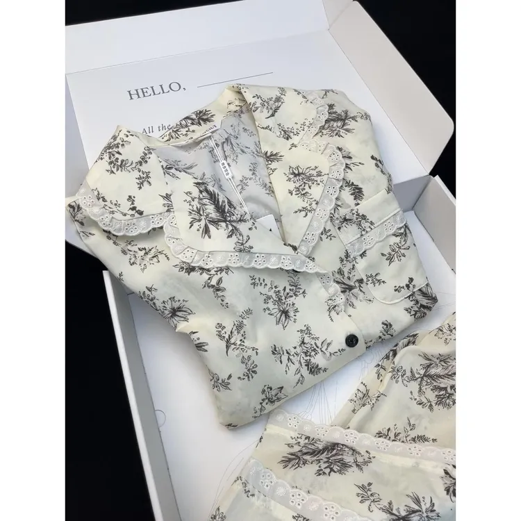 国风花卉春秋季新款新中式棉纱睡衣女大码长袖长裤外穿家居服套装