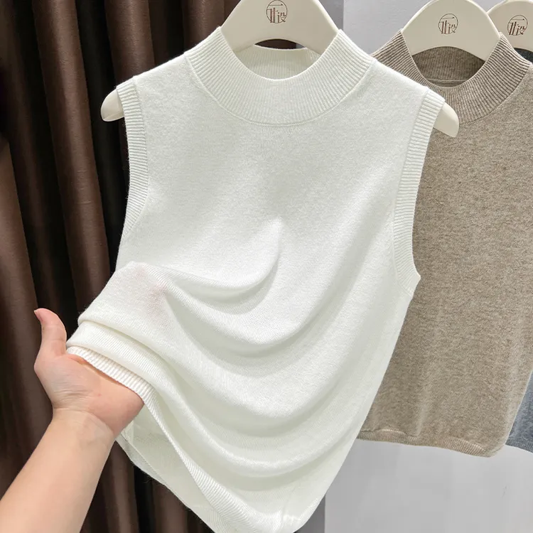 气质半高领套头上衣女秋季新款修身显瘦打底衫设计感白色无袖背心