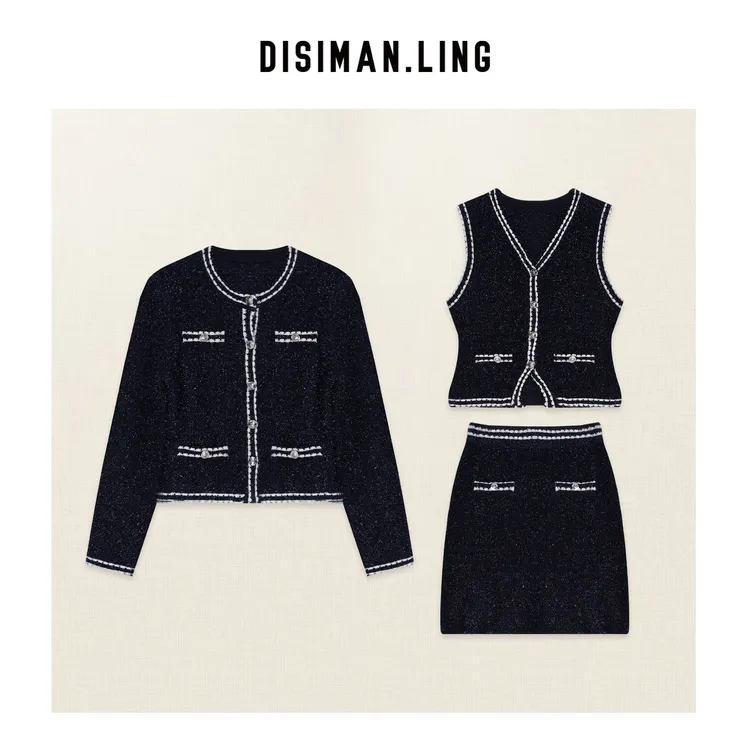 【迪丝嫚苓】宝蓝色绵羊毛套装小香风气质长袖轻奢短款时尚原创风