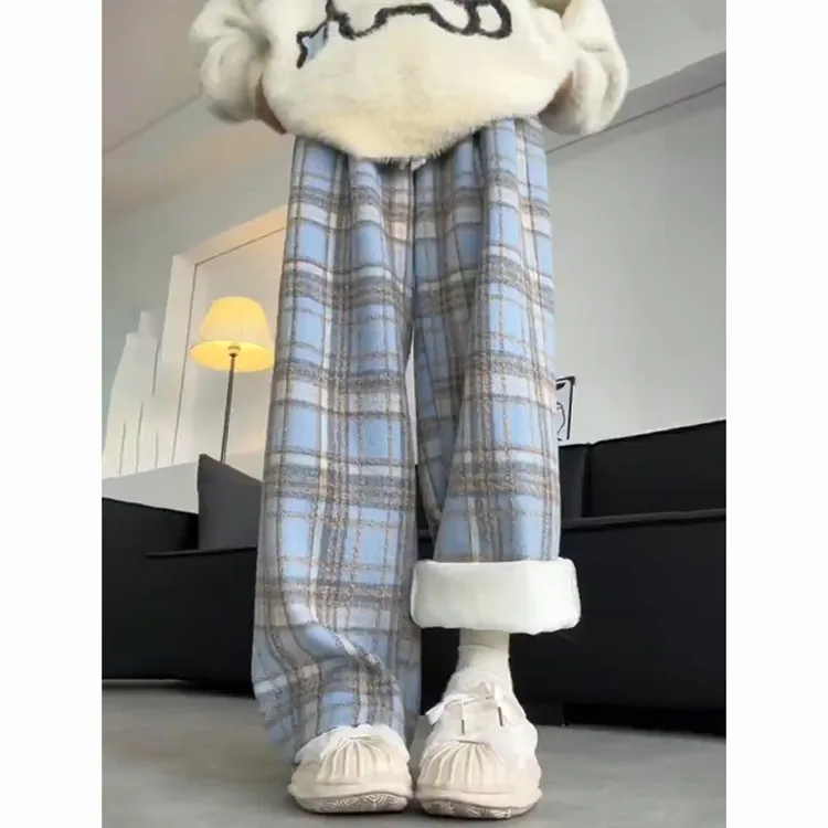 2025新款蓝色毛呢格子卫裤女秋季宽松慵懒风休闲裤子直筒阔腿长裤
