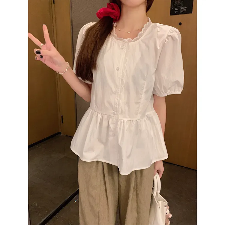 大码小清新短袖纯色衬衫女夏季设计感小众复古甜美泡泡袖小衫上衣