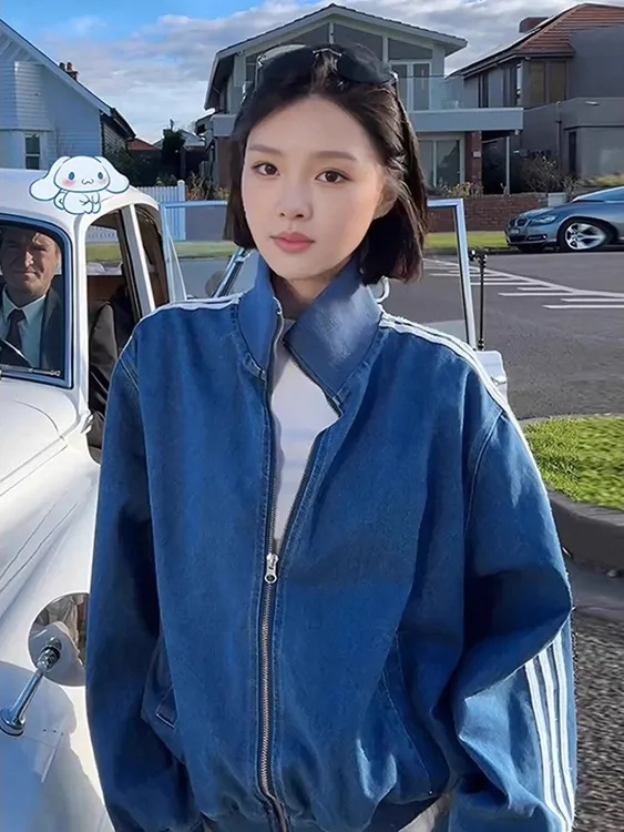 美式复古蓝色牛仔棒球外套女2025早秋新款拉链设计三条杠开衫上衣