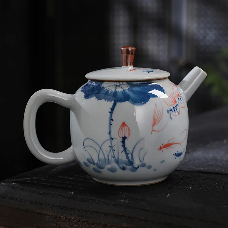 手绘家用功夫茶具泡茶中式茶壶复古草木灰釉下彩陶瓷单壶老粗陶泥