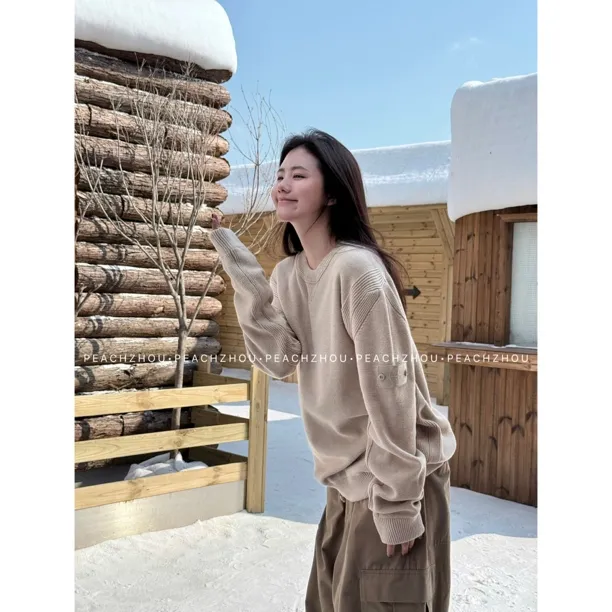 『PEACHZHOU』羊绒多针法指南针高级感纯色宽松圆领毛衣休闲针织衫