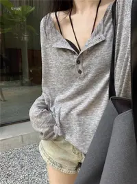 甜辣设计感小众V领防晒衫上衣女装秋季薄款宽松长袖打底T恤8259