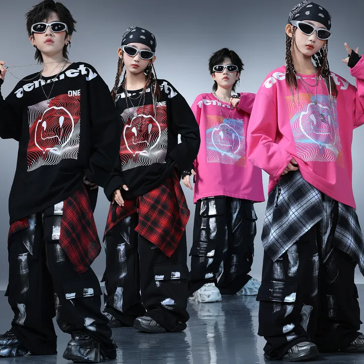 街舞儿童宽松T恤嘻哈hiphop演出服男童舞蹈练功服女孩子爵士舞服